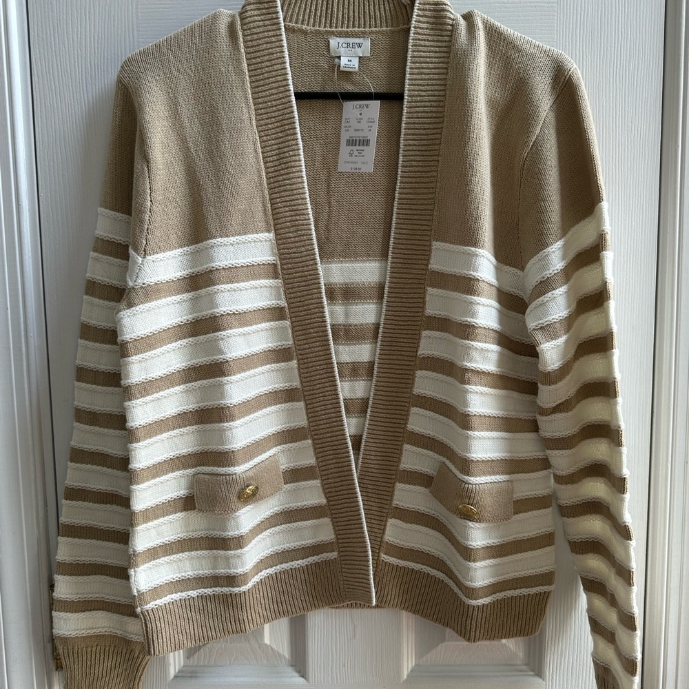 J Crew Women’s Open Front Cardigan Sweater Medium Ivory Tan Striped Knit NWT